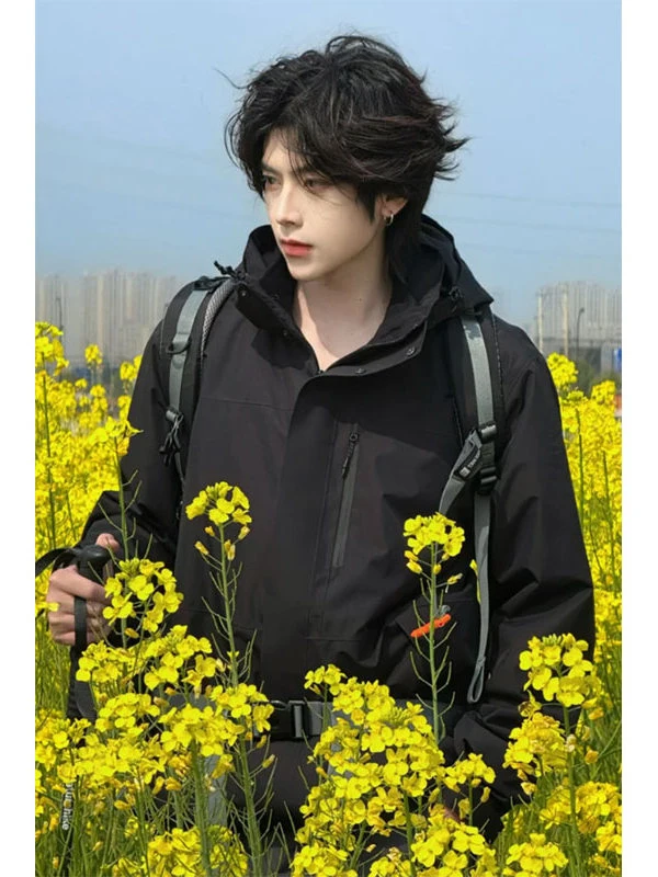 Men's Hiking Jacket Windproof Waterproof Soft  Three-Proof Outdoor Fleece-Lined Spring Coat with Hood Workwear Jacket