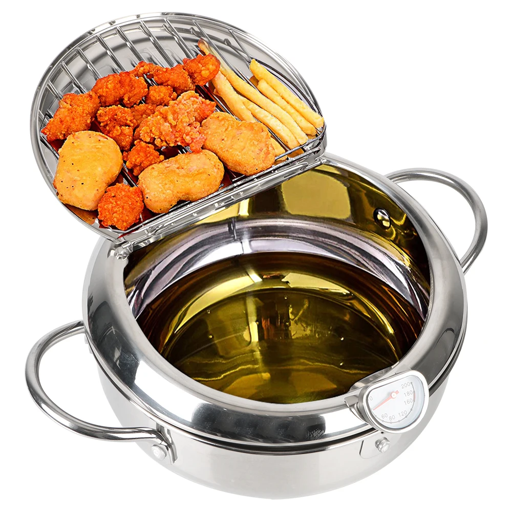 Cooking Tool 2 Handles Tempura Fryer Pan 304 Stainless Steel Deep Frying Pot Japanese Style 20 cm 2.2L With Thermometer and Lid