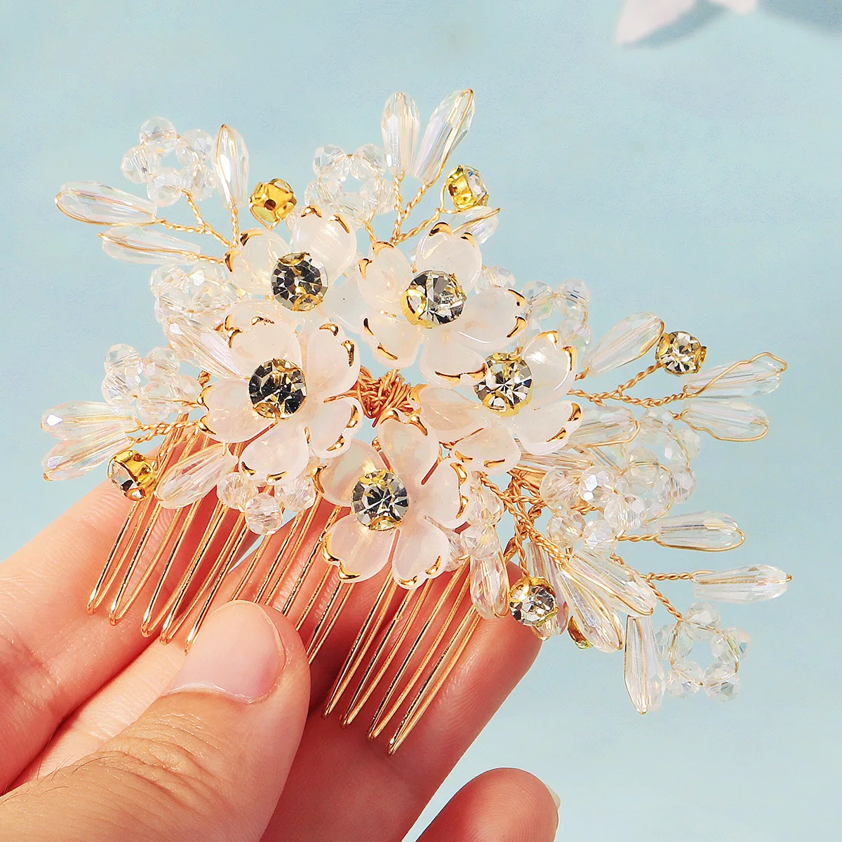 Hair Comb Crystal Flower Beaded Rhinestone Wedding Banquet Photoshoot Updo Accessory Handmade One Size view 4