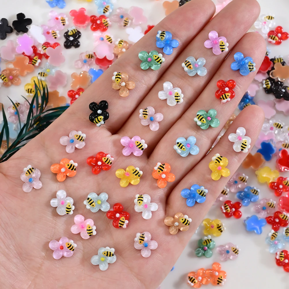 50 pçs 3d bonito flor abelha decorações de unhas resina colorida abelha floral arte do prego encantos 0.8cm kawaii flatback verão suprimentos para unhas &