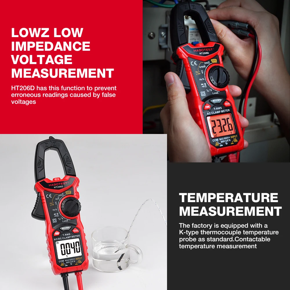 HT206 AC DC Digital Clamp Meter Multimeter Pinza Amperimetrica True RMS Auto Range High Precision Capacitance NCV Ohm Hz Tester