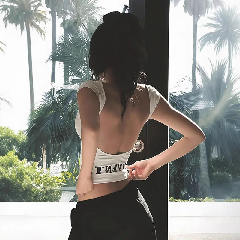 

Women's Summer Fitted Open Back Crop Top American Y2K Style Structured Shoulder High Waist T Shirt