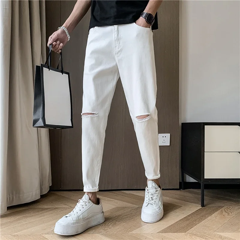 2024 Spring New Male Knee Ripped Jeans Men's Straight Slim Small Feet Denim Trousers Streetwear Stretch Casual Pants