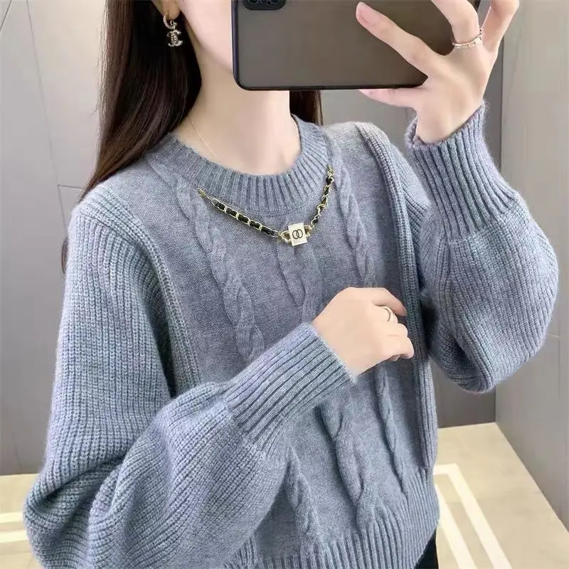 Herbst und Winter Frauen solide O-Ausschnitt lange Ärmel lose dicke Pullover Schraube Gewinde kette koreanische Mode All-Match-Tops