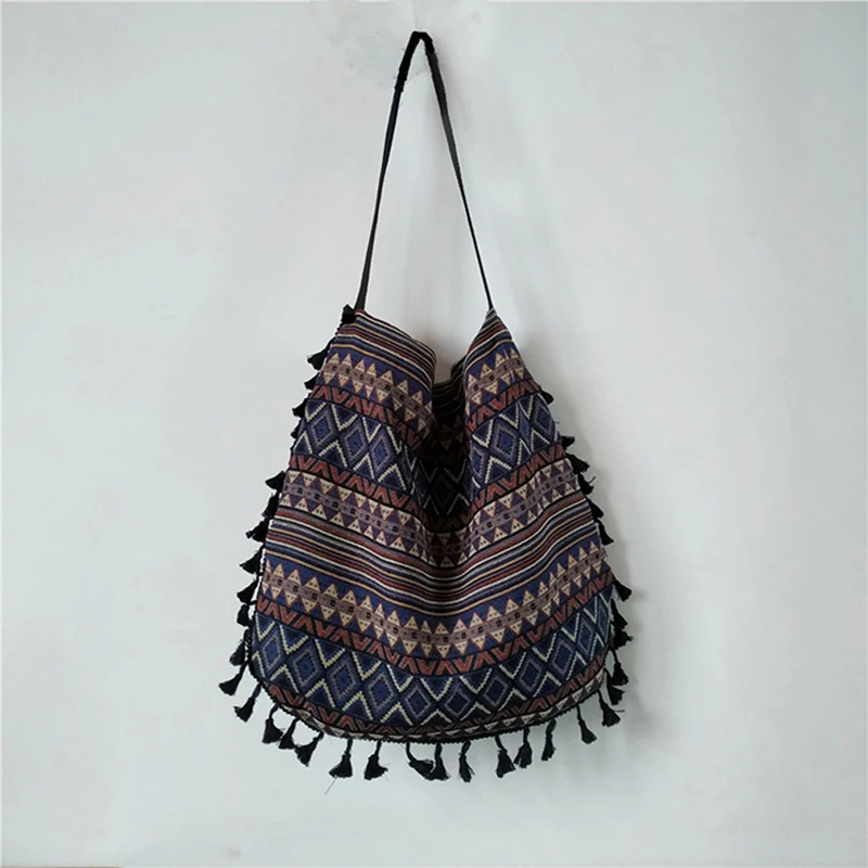 Bolsa de ombro boêmia vintage para mulheres, bolsas estilo nação, listra franjada, grande capacidade
