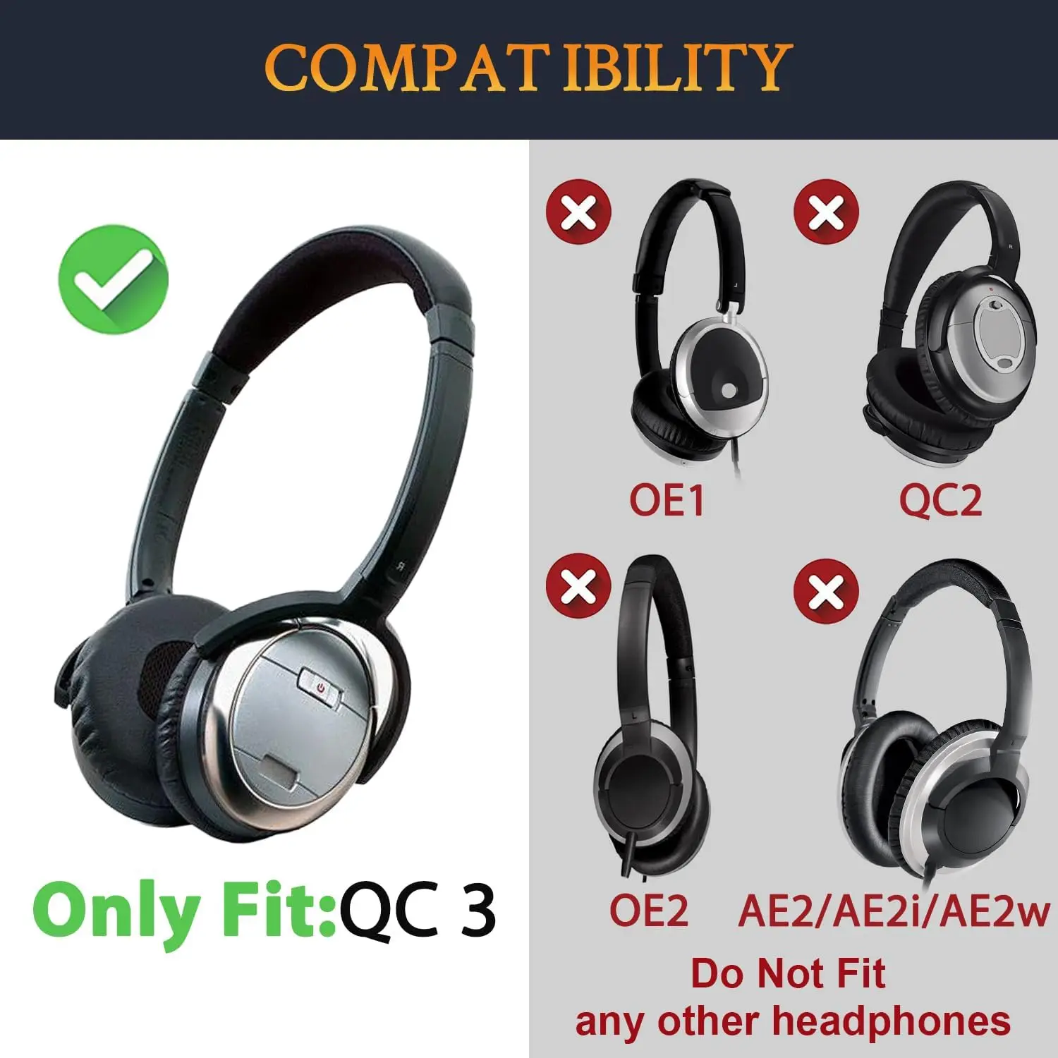 (Do Not Fit OE1) Snap On Headband + Earpads Kit for Bose QuietComfort 3 QC3 Headphone Replacement Headstrap Ear Pad Cushion