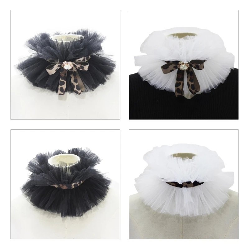 

Women Renaissance Tulle Ruffled Fake Collar Vintage Leopard Bowknot Layered Mesh Neck Ruff Decorative Clown Choker Shawl