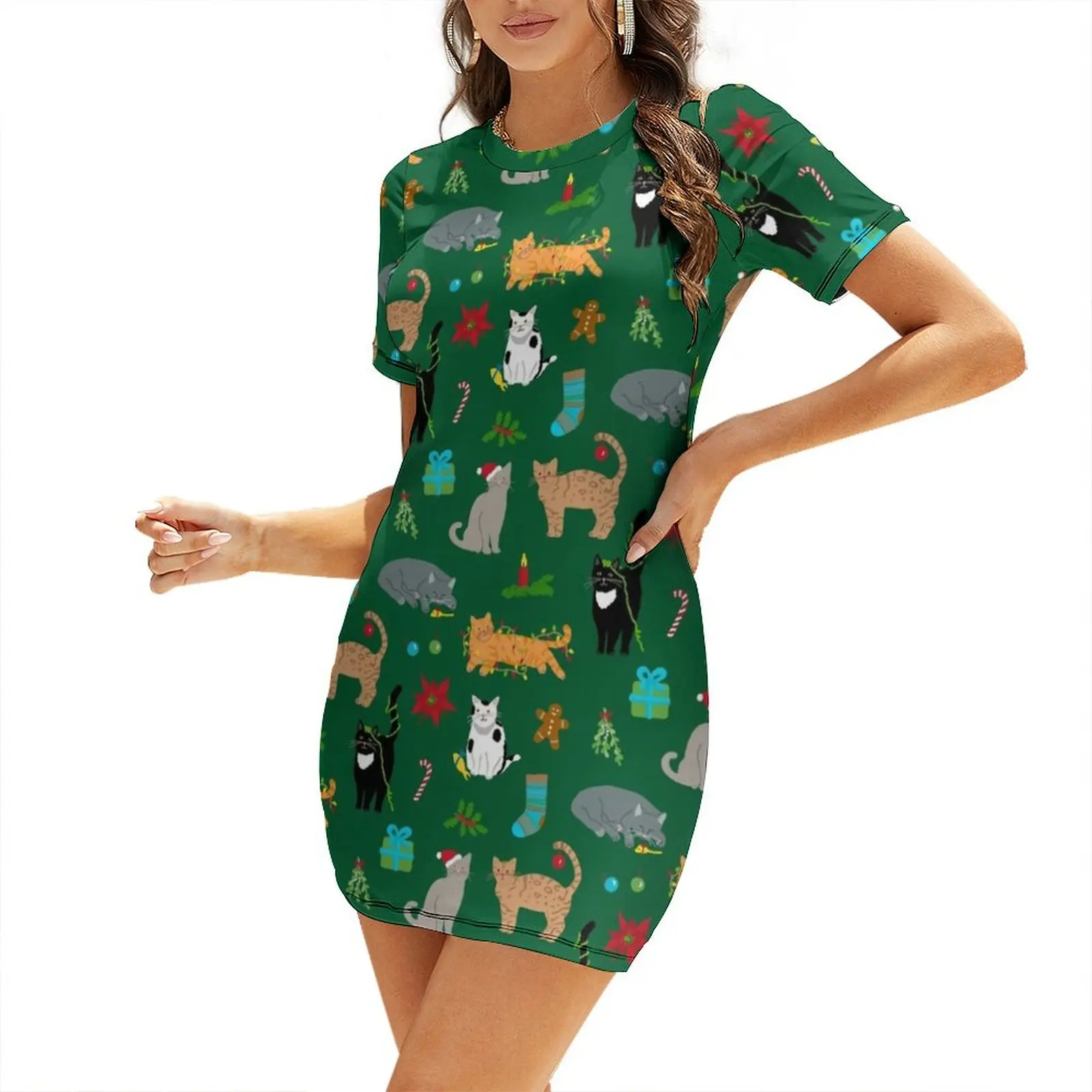 

Christmas Cats Short Sleeved Dress dress women elegant luxury Female dress Bridesmaid woman Long dresses