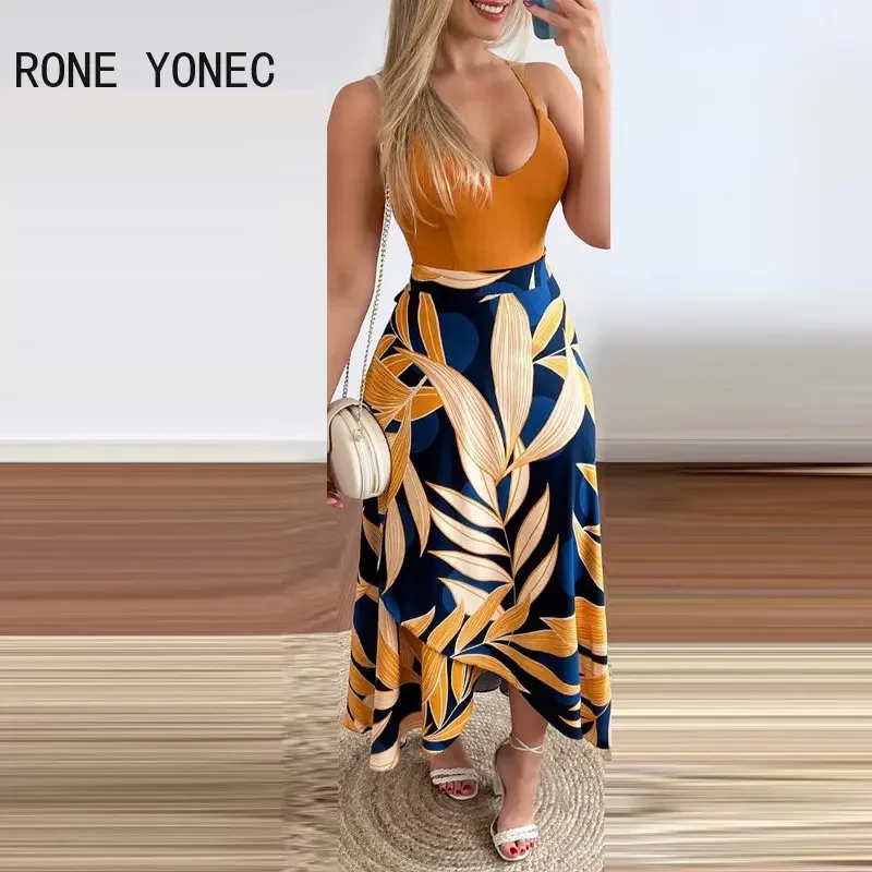 2023 Women Casual All Over Print Bottom & Solid Spaghetti Straps Crop Tops Lace Up Midi Vacation Skirt Sets