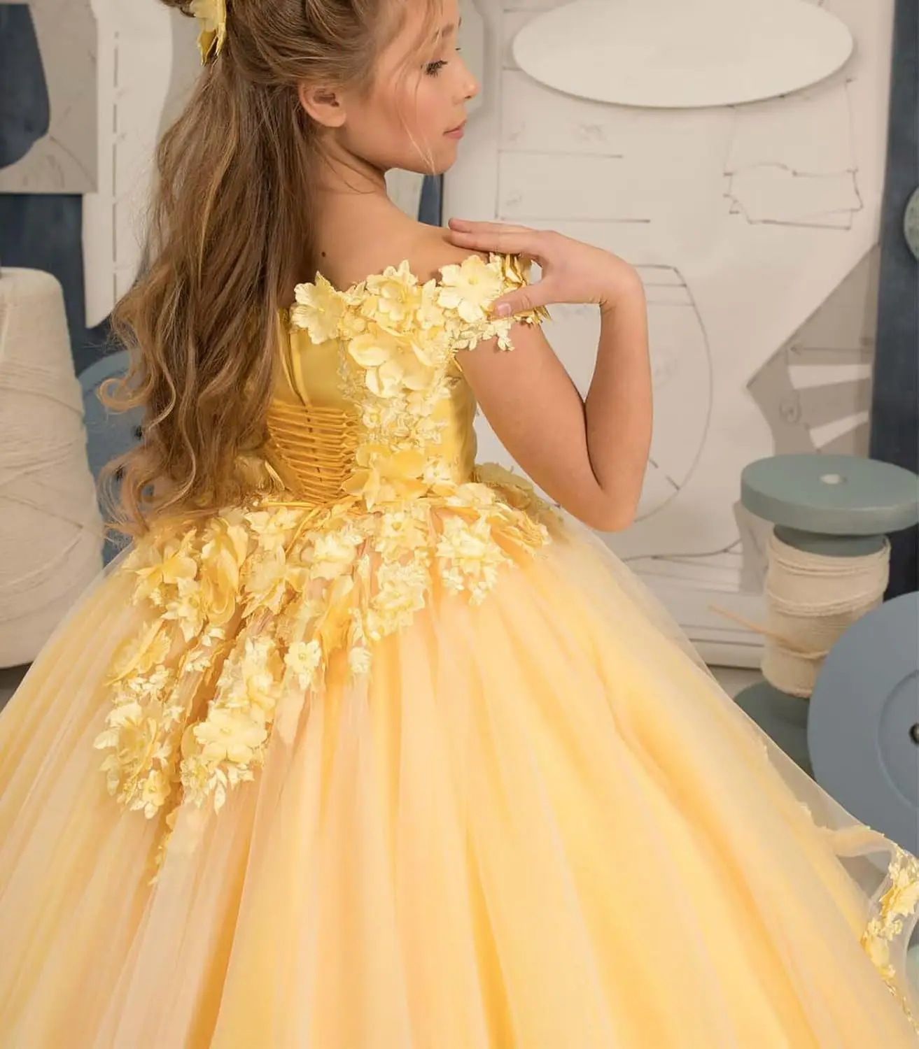 Flower Girl Wedding Dress Off Shoulder Heart-shaped Collar,Communion Princess Birthday Ball Party DinnerParty,Floor Length Dress