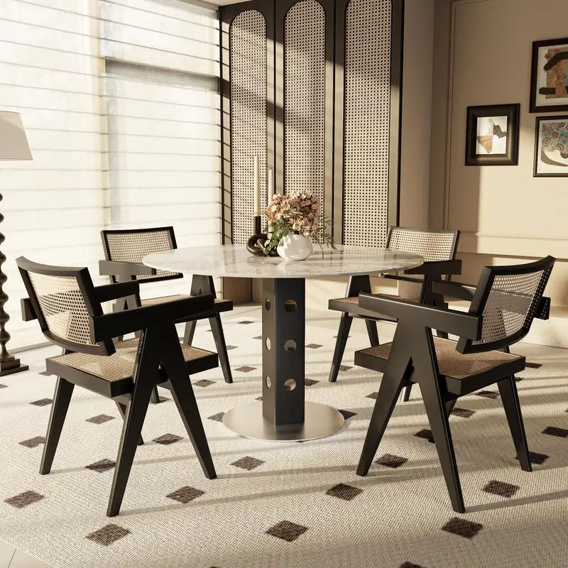 Meja Makan Bundar Kayu Solid Kecil, Gaya Farmhouse 43 inci untuk 2-4 Orang, Meja Dapur Hitam, Desain Berwarna-warni