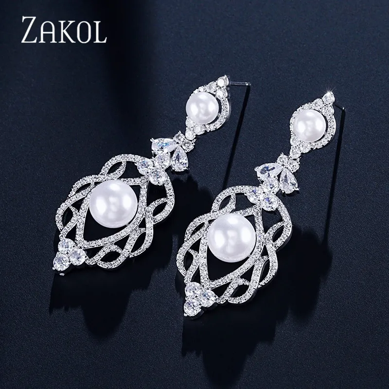 

ZAKOL Luxury Flower Cubic Zirconia Long Dangle Earring for Elegant Women Wedding Bridal Pearl Silver Color Ear Jewelry