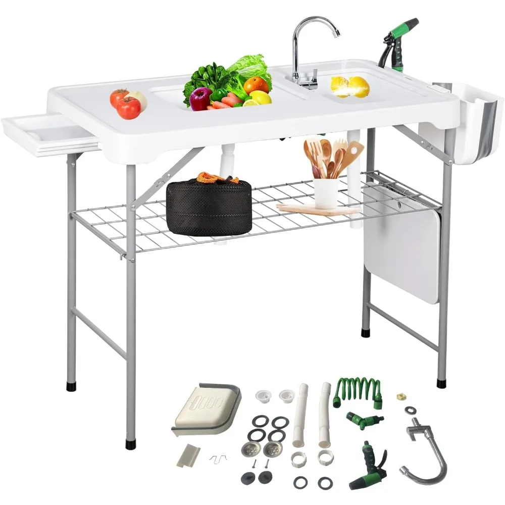 

Складной чистящий стол с двойными раковинами и складным краном, портативный походный стол размером 42,6 дюйма с решетчатой стойкой, дренажный шланг-распылитель