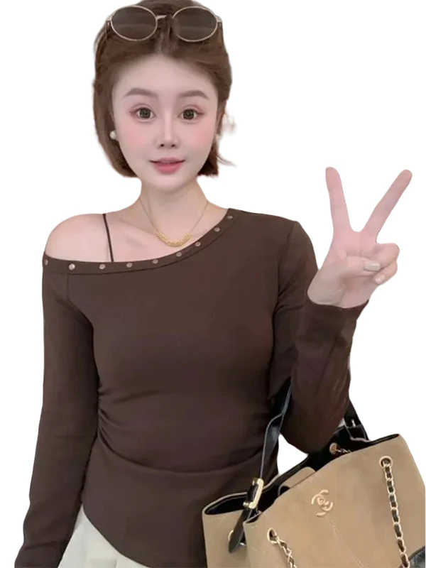 Camiseta de manga larga con hombros descubiertos, corte ajustado, talla grande, para mujer, diseño de otoño temprano, estilo casual, top básico.