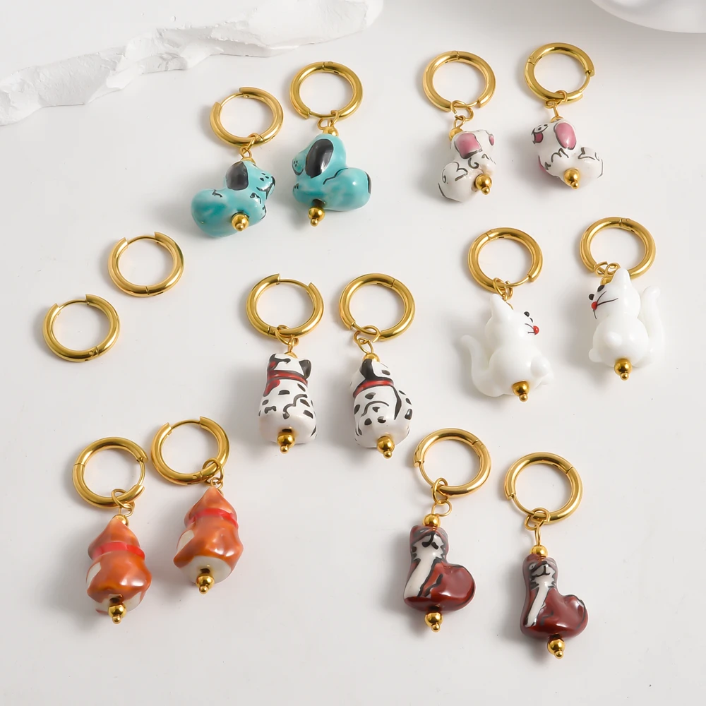 1Pair Kawaii Hand-painted Ceramic Dog Fox Aesthetic Hoop Earrings Trendy Animal Cat Circle Y2K Girl Huggies Ear Aretes Jewelry