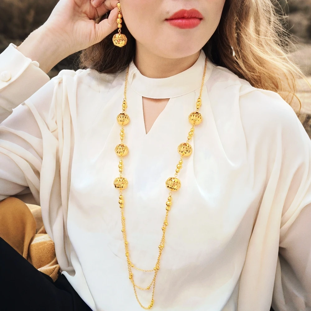 

TITI African Gold Color Necklace Earrings Dubai Women Round Jewelry Set Ethiopia Long Chain Stud Luxury Wedding Bride Gift