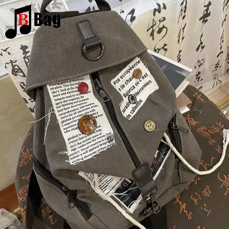 Y2K Gothic Women\'s Girls Punk Harajuku Handbag Button Hemp Rope Patch Backpack Canvas Korean Version Casual College Style Totes