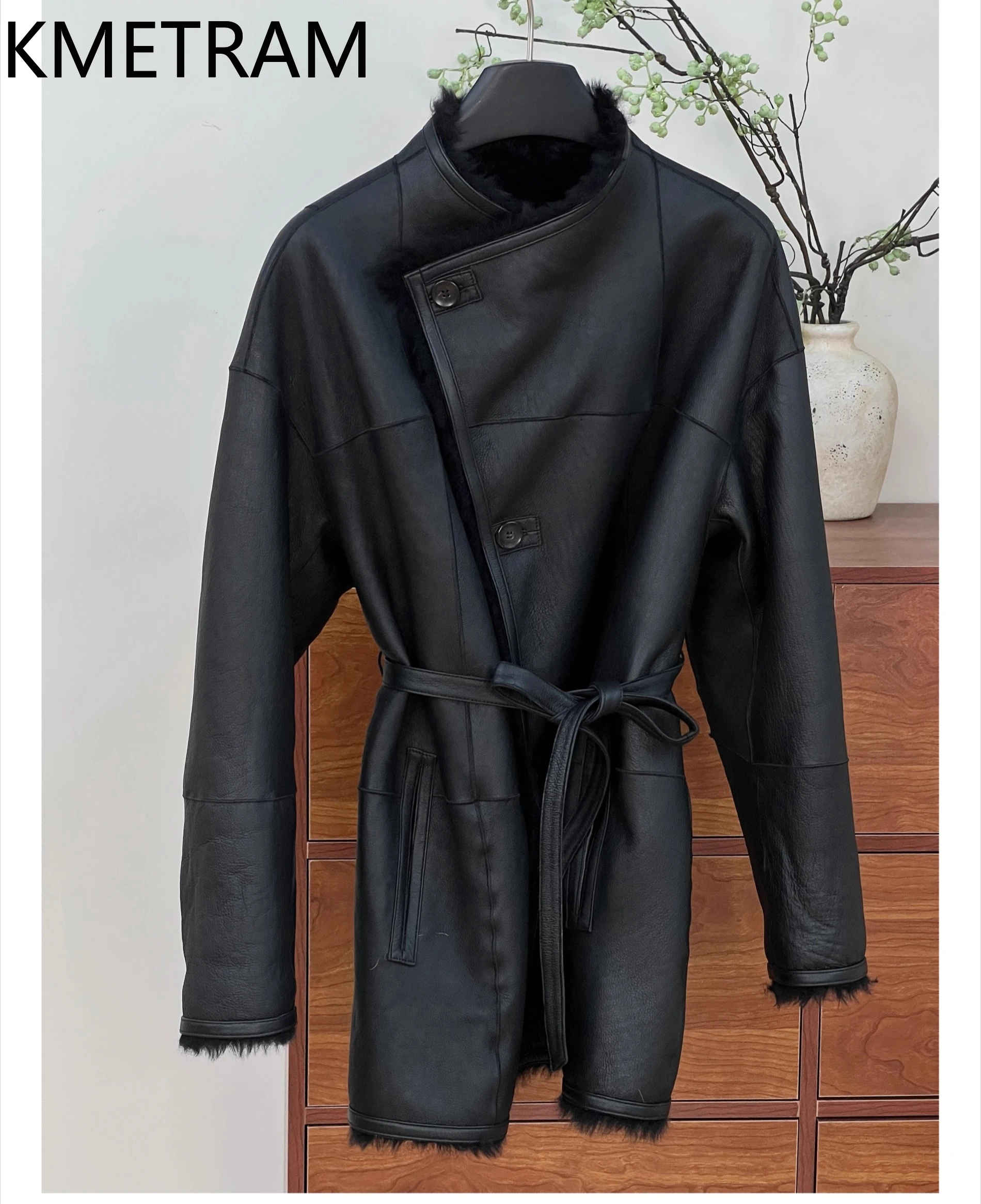 KMETRAM Real Sheepskin with Wool Attached Jacket Women Black Reversible Fur Coat 2025 New in Coats Winter Woman Clothing шуба