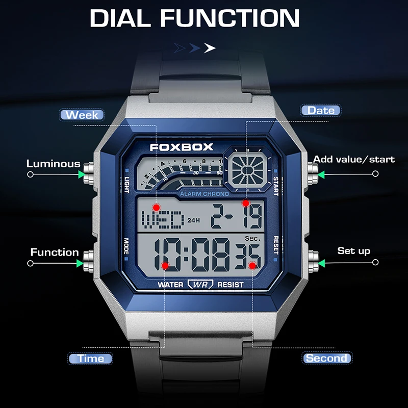 ساعات FOXBOX Fashion Square الرقمية للرجال رياضية عسكرية مقاومة للماء كوارتز للرجال كرونوغراف من الفولاذ المقاوم للصدأ