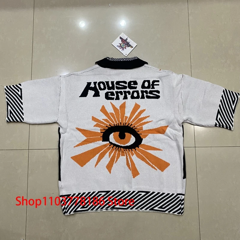 

House of Errors Short Sleeve 2025 New Style Knit T-shirt Orange Eyelash Eye Pattern Polo Neck Sweater Men Women Pullover
