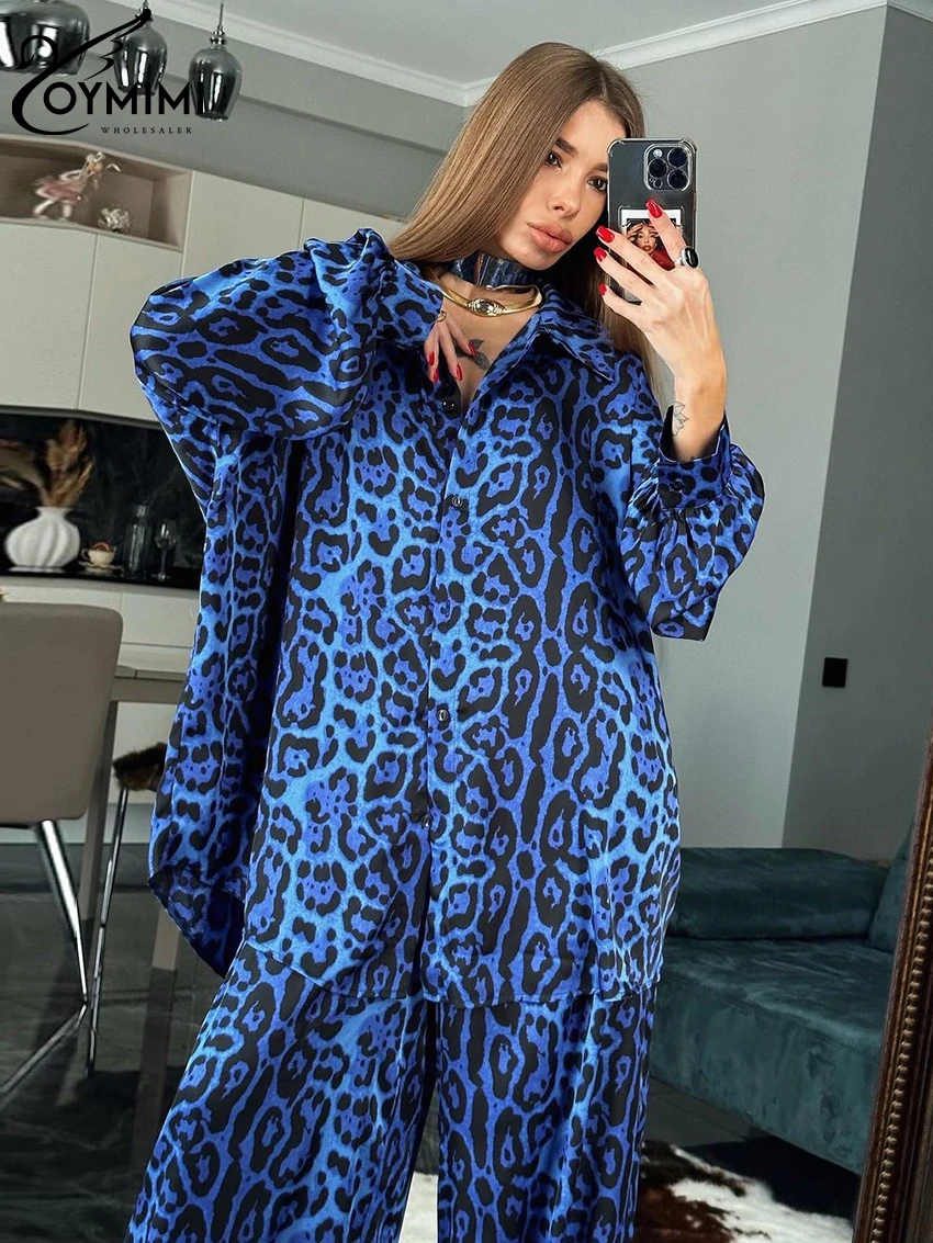 Oymimi Fashion Leopard Print 2 Piece Sets Women Outfit 2023 Elegant Long Sleeve Shirt With High Waist Wide Pants Set Streetwear