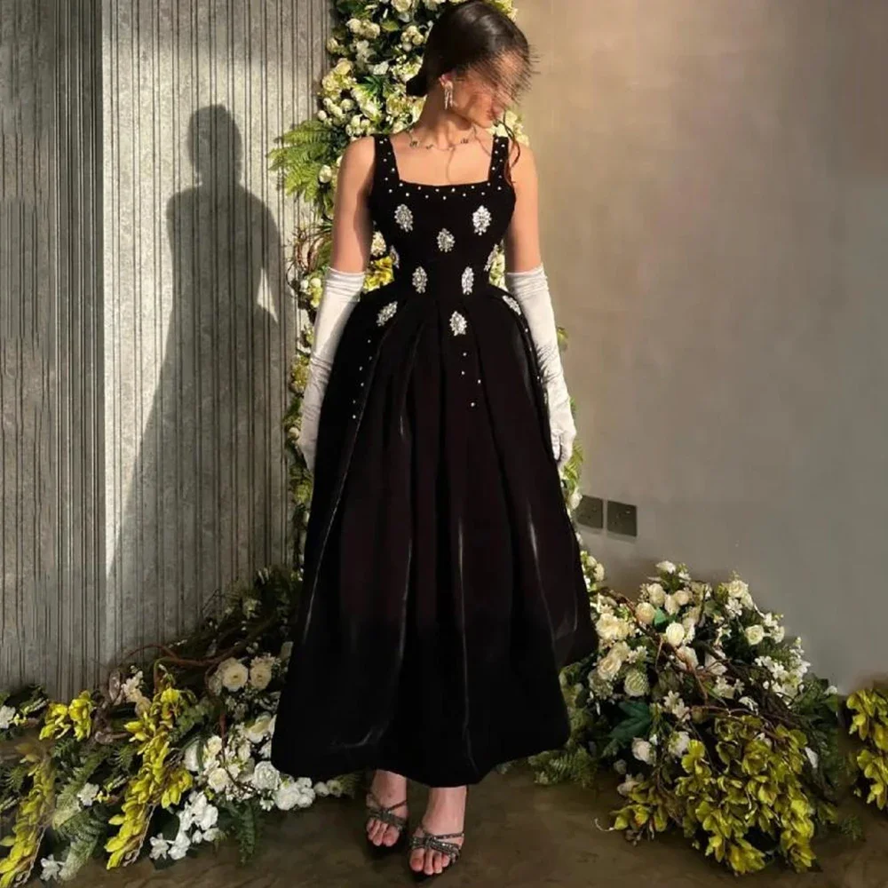

Customized Charming Square Collar Evening Dress Sleeveless A-Line Ankle Length Velvet With Crystal Women Banquet Prom