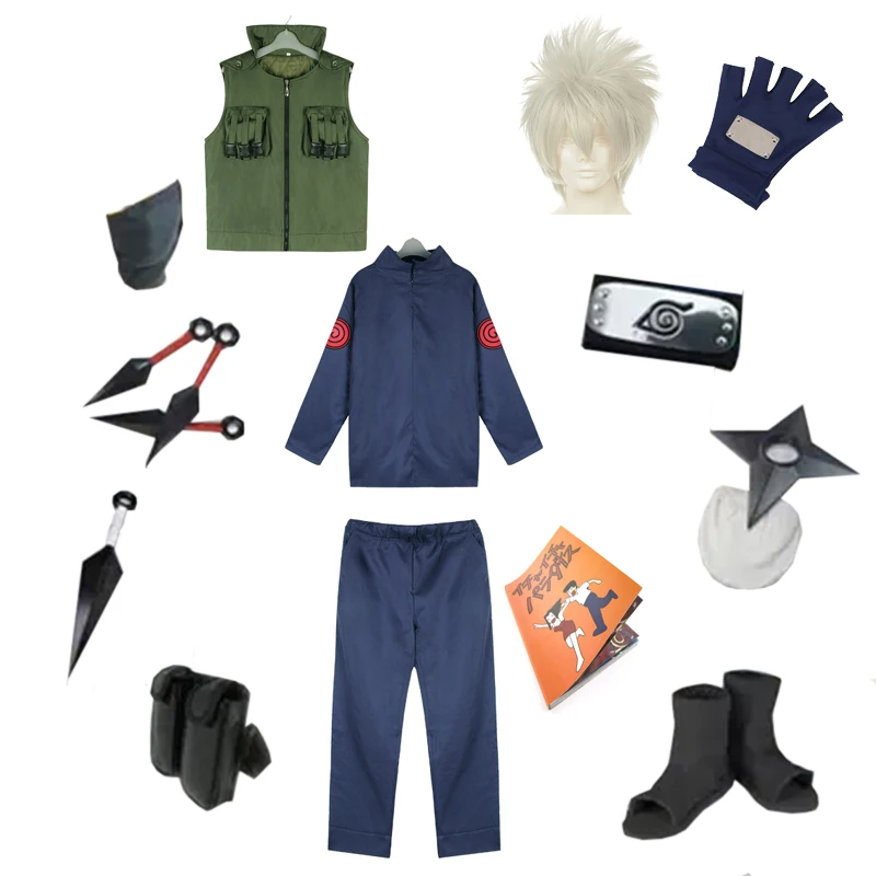 Brdwn Copsplay Konoha Ninja Hatake Kakashi Anzug Unisex Party Halloween Kostüm (Weste Schuhe Stirnband Kunai Handschuhe)