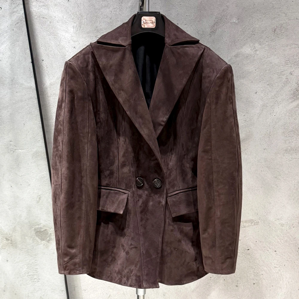 

Vintage Suede Blazer Jacket Women Genuine Sheepskin Leather Coat Single Breasted Dark Brown Lapel