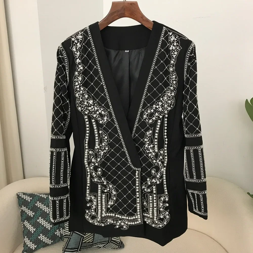 Fashion Women\'s Blazer Handmade Pearl Beaded Shawl Collar Hidden Breasted Long Sleeve Suit Jackets Spring 2024 New