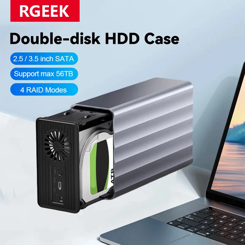 

RGEEK External Hard Drive Enclosure Dual Bay Case for 2.5/3.5 Inch HDD SSD Docking Station Array With RAID Function for PC