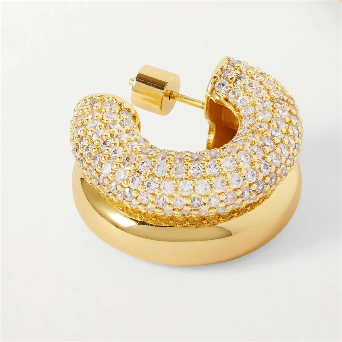 Stainless steel temperament, double ring C-shaped earrings, female design, niche, inlaid zircon earrings, color preservation