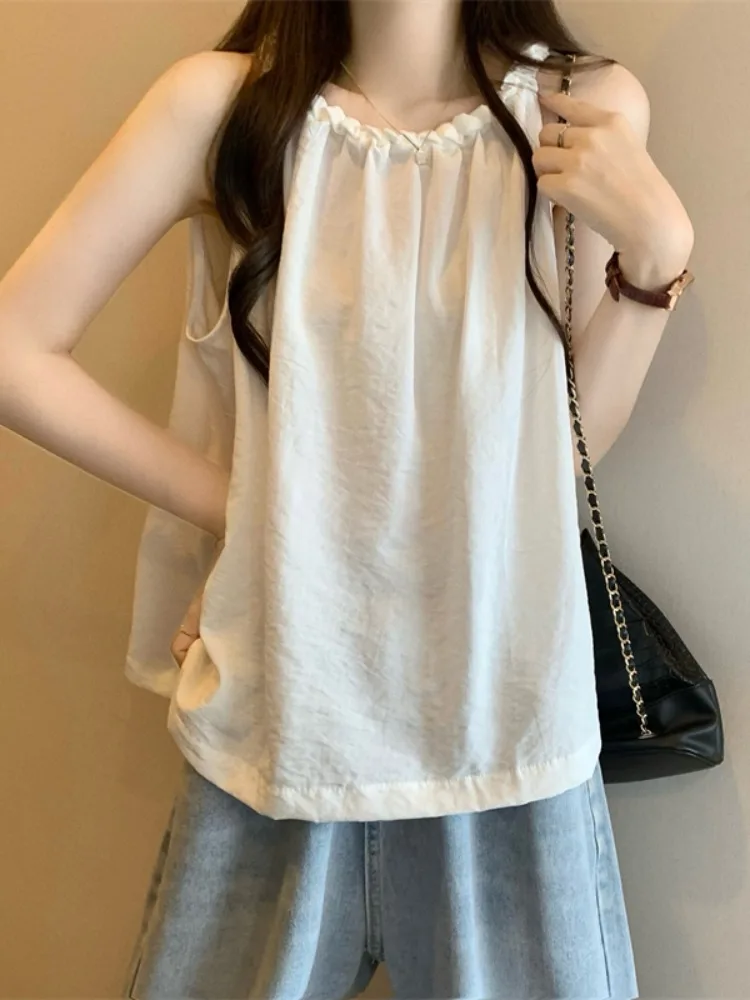 Ankela vermelho pendurado ne irt feminino verão vaion solto fino svel boneca colete superior outerwear coreano sle redondo ne