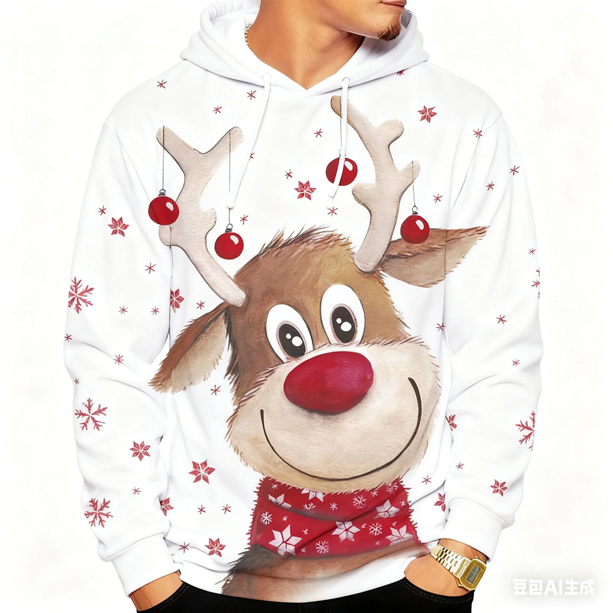 

Cartoon Reindeer Print Men's Hoodies Autumn and Winter Casual Loose Sweatshirts Funny Santa Claus Pattern Pullover X'mas Clothes