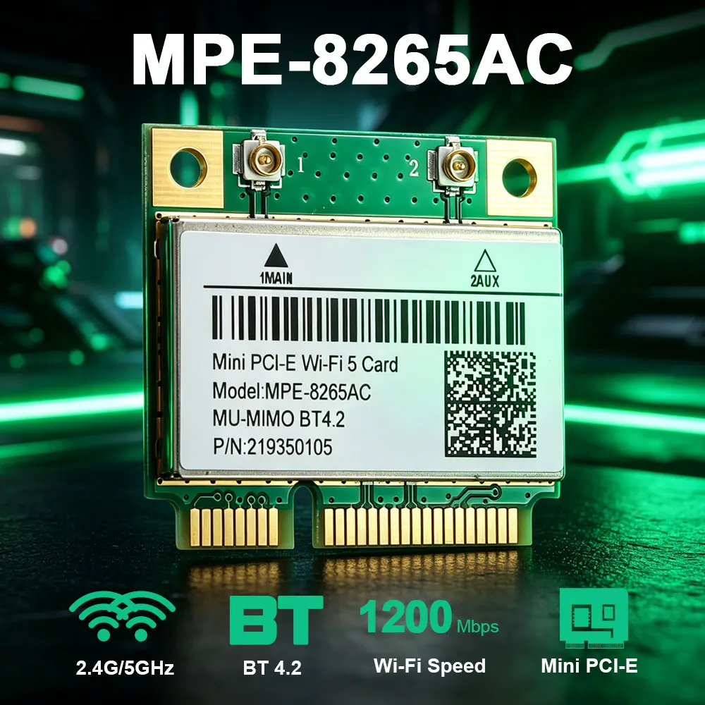 WiFi 5 MPE-8265AC MINI PCI-E WIFI Card Dual Band 2.4G/5GHz BT 4.2 1200Mbps 802.11AC Wlan Network Card For Windows 7/8/10 Laptop