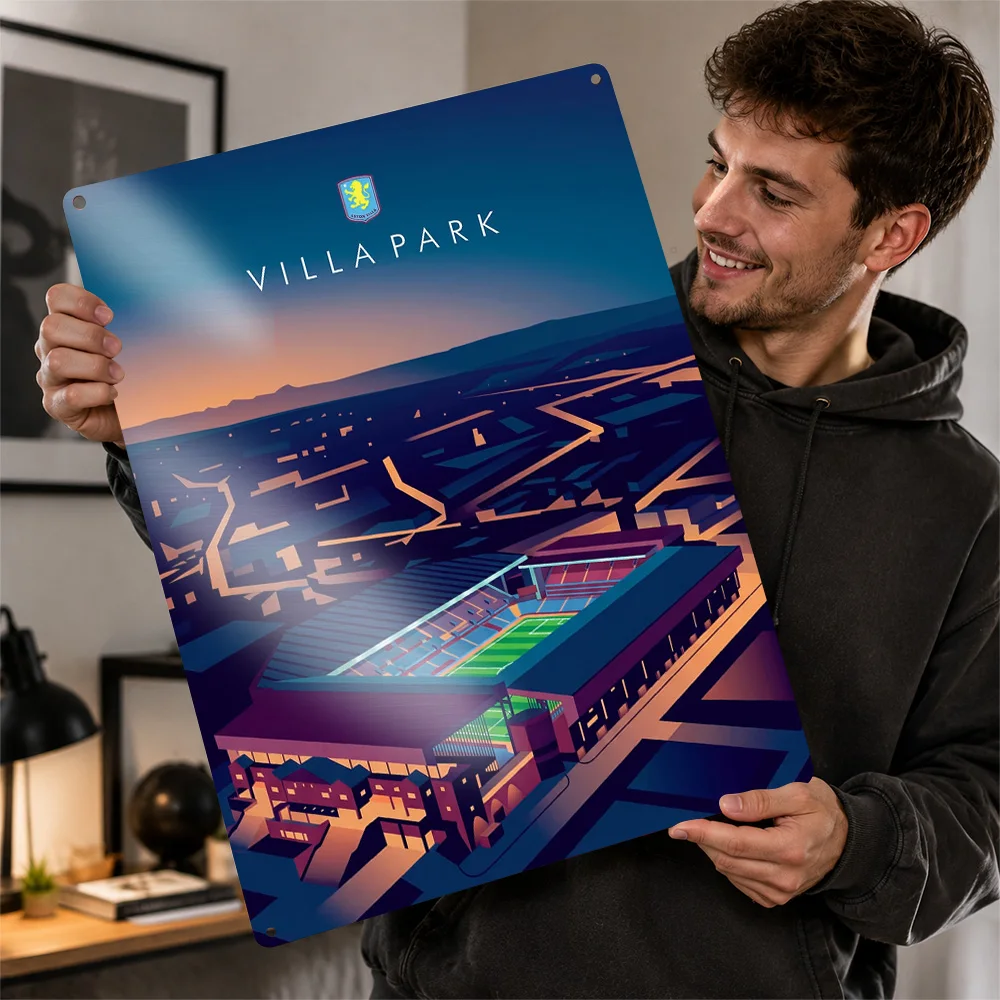 Aston Villa Football Stadium At Dusk Metal Poster Perfect Gift for Fans Lovers Personalized Wall Art Metal Sign for Wand Deko