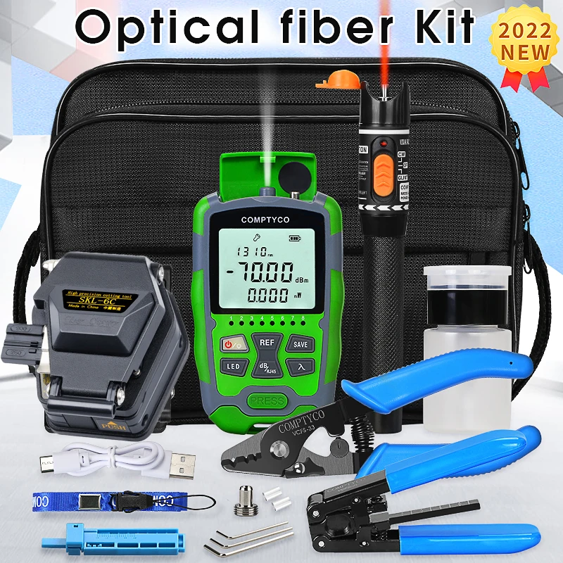 FTTH Fiber Optic Tool Kit with SKL-6C Fiber Cleaver -70+10dB/-50+26dBm 3 in 1 Mini Optical Power Meter 10Mw Visual Fault Locator