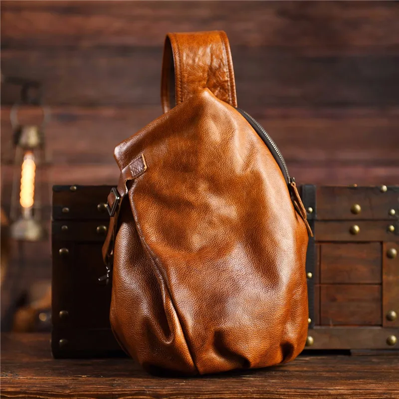 Original vintage designer handmade genuine leather men\'s chest bag fashion luxury outdoor daily real cowhide crossbody bag