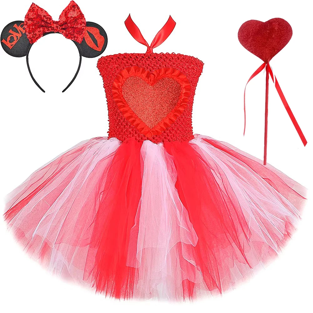 Happy Valentines Day Costumes for Girls Glittery Red Lace Heart Princess Dresses for Kids Sweet Love Clothes Girlfriend Gifts