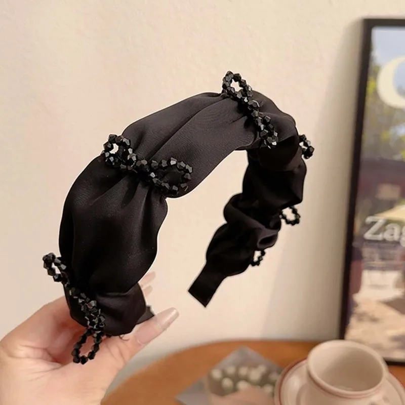 Black High-Grade Wide-Brimmed Pleated Crystal Headband Female High Skull Top Temperamental Crushed Hairhoop New Hair Accessories