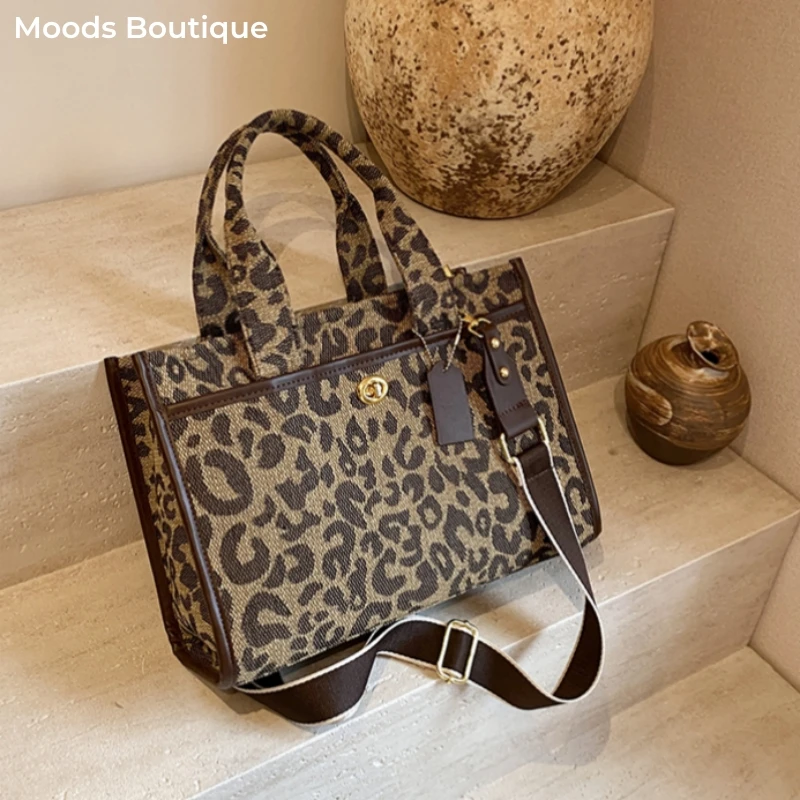 MOODS Women Top-handle Bags Leopard Prints Canvas Shoulder Crossbody Bag Big Capacity Shopper Totes 2024 Luxury Designer Handbag