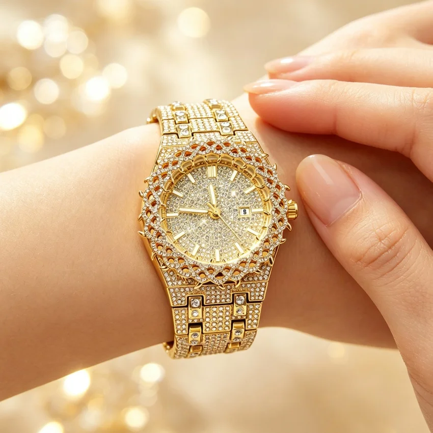 Luxury Diamond Men Women Watches Gold Watch Ladies Wrist Watch Luxury Rhinestone Unisex Bracelet Watches Female Clock