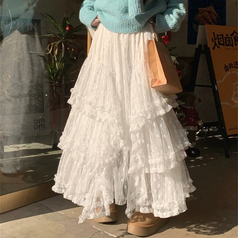 

Весеннее новое марлевое женское платье с тяжелыми деревянными ушками, нерегулярное милое цветочное белое платье-тортик, джокер, женская длинная сетчатая юбка, тренд