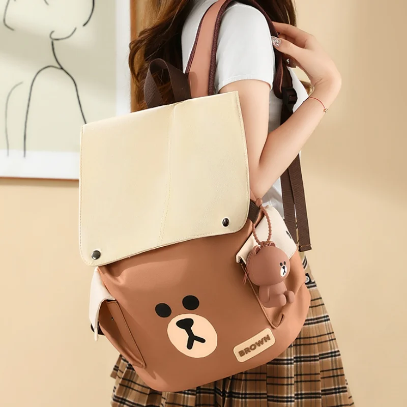 LINE FRIENDS Brown Cute Cartoon Backpack Student Girl Anime Kawaii Travel Casual Canvas Large Capacity Backpack Birthday Gift