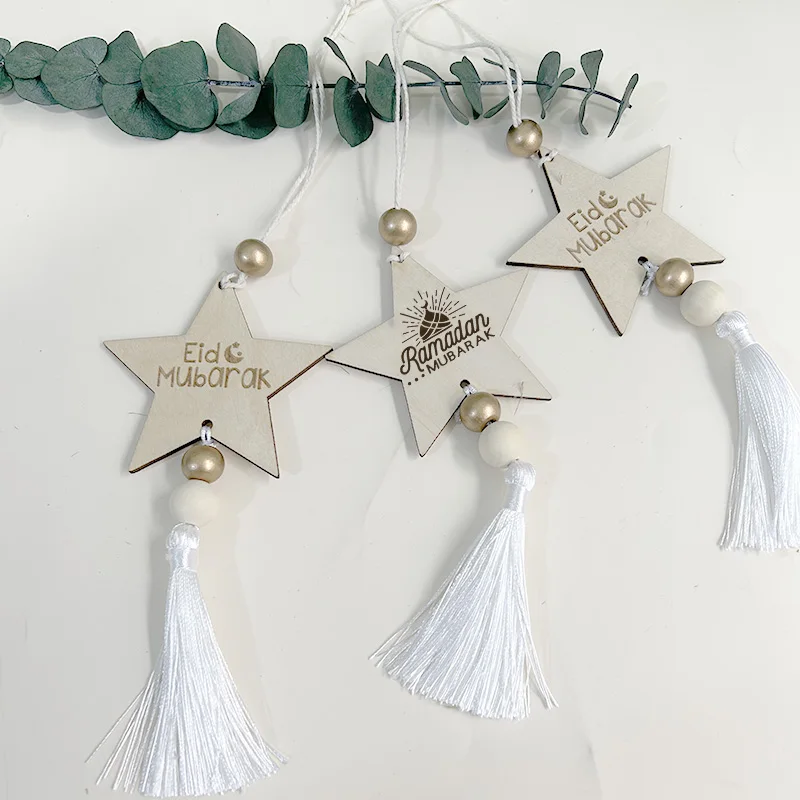 

3pcs wood Eid Mubarak star Hanging Ornament Muslim Islamic Kareem Tabletop Ramadan tree wall home table decoration sign gift tag