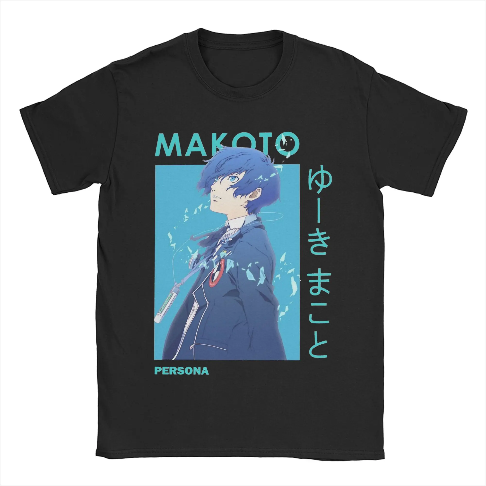 Anime Personas 3 T Shirt Men's 100%Cotton Tops Funny Makoto Yuki Minato Blue Haired  Round Neck Short Sleeve