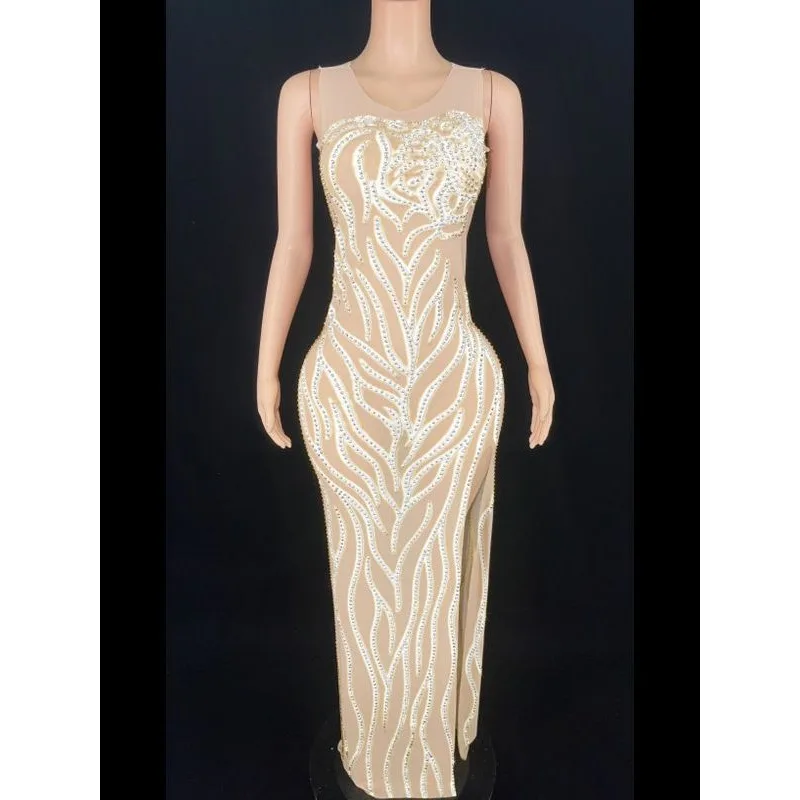 หลายสี Rhinestone มุมมองตาข่าย Elastic Slim Dress เซ็กซี่ STAGE Performance เสื้อผ้าผู้หญิงชุดสําหรับงานปาร์ตี้และงานแต่งงาน