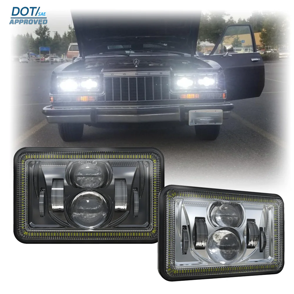 

DOT 4×6 Square LED Headlamp For Dodge Diplomat D/W/B 150 200 300 Ramcharger Magnum Challenger 1977-1989 W/ DRL H4 Light Assembly