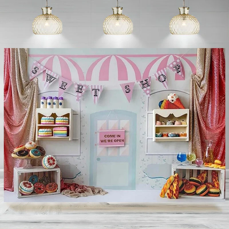 Sweet Shop Photography Backdrop Bread Hamburger Curtain Background Girl 1st Birthday Candy Princess Dessert Banner Shop Banner