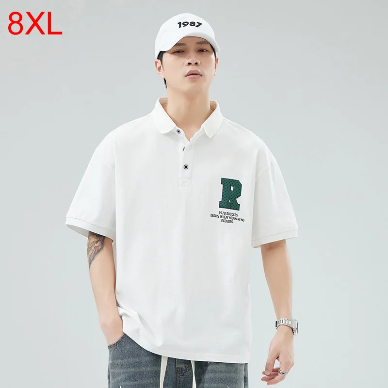 

8XL Summer Short sleeved Shirt Lapel Casual Men's Workwear Trendy Loose Letter Plus Size lapel T-shirt 140kg