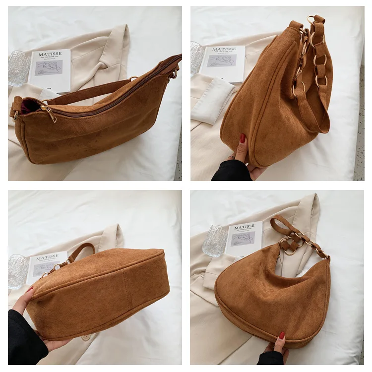 Women Autumn Winter Suede Crescent Single Shoulder Bags Travel Commute Retro Underarm Handbag Large Capacity Bucket Bolsos Bag